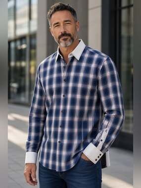 Absolute Rebellion French Style Bold Dress Shirt Slim Fit Plaid Shirt XXL